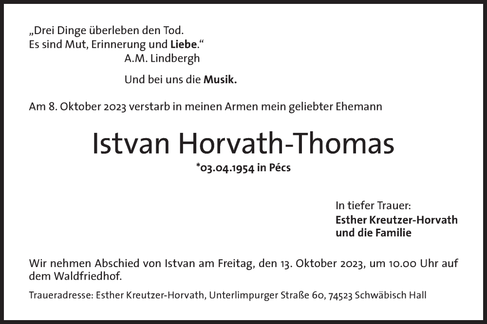  Traueranzeige für Istvan Horvath-Thomas vom 11.10.2023 aus Haller Tagblatt