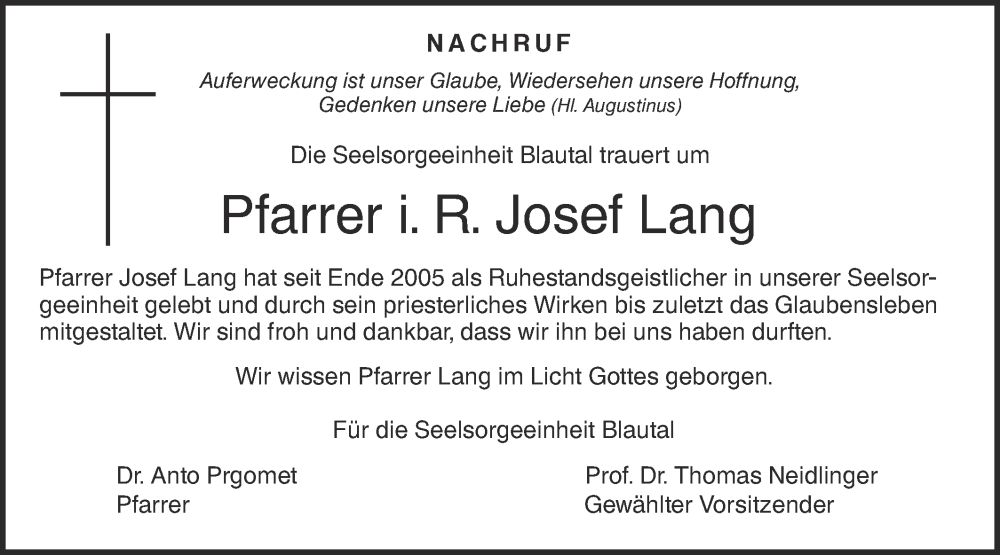  Traueranzeige für Josef Lang vom 21.10.2023 aus SÜDWEST PRESSE Ausgabe Ulm/Neu-Ulm
