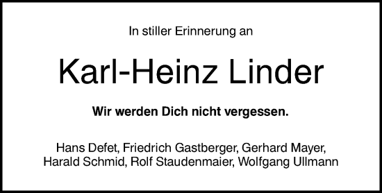Traueranzeige von Karl-Heinz Linder von SÜDWEST PRESSE Ausgabe Ulm/Neu-Ulm