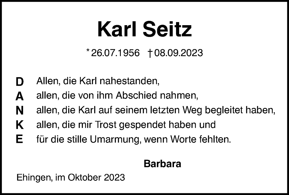  Traueranzeige für Karl Seitz vom 05.10.2023 aus Ehinger Tagblatt