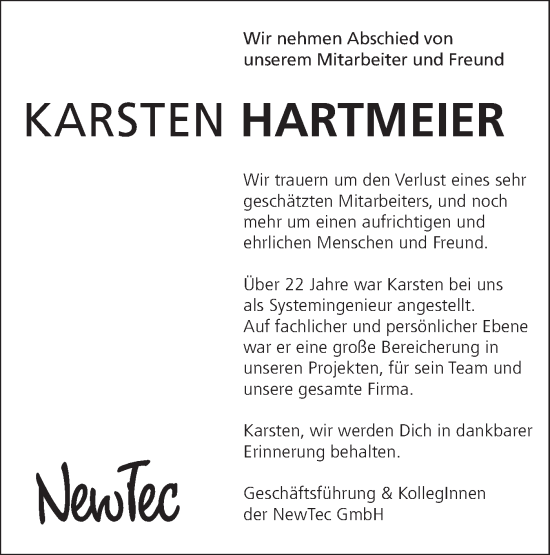 Traueranzeige von Karsten Hartmeier von SÜDWEST PRESSE Ausgabe Ulm/Neu-Ulm