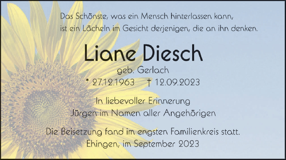  Traueranzeige für Liane Diesch vom 02.10.2023 aus Ehinger Tagblatt