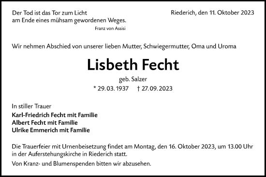 Traueranzeige von Lisbeth Fecht von SÜDWEST PRESSE/SÜDWEST PRESSE