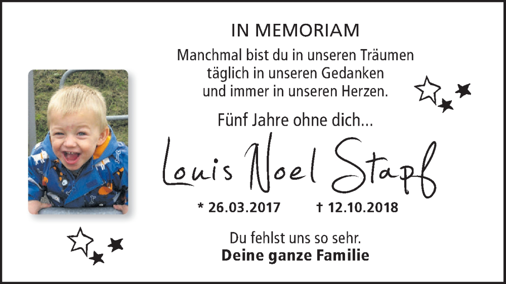  Traueranzeige für Louis Noel Stapf vom 12.10.2023 aus Haller Tagblatt