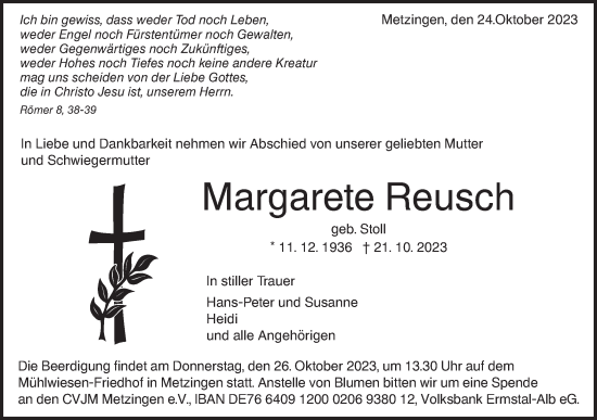 Traueranzeige von Margarete Reusch von SÜDWEST PRESSE/SÜDWEST PRESSE