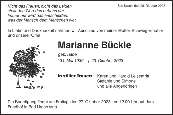 Traueranzeige von Marianne Bückle von SÜDWEST PRESSE/SÜDWEST PRESSE