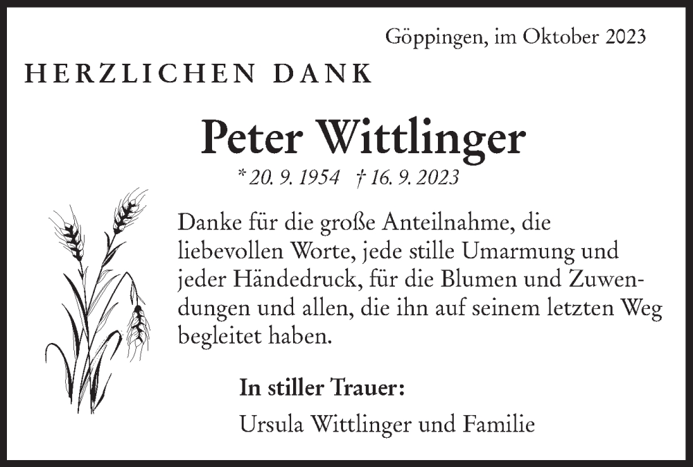  Traueranzeige für Peter Wittlinger vom 11.10.2023 aus NWZ Neue Württembergische Zeitung