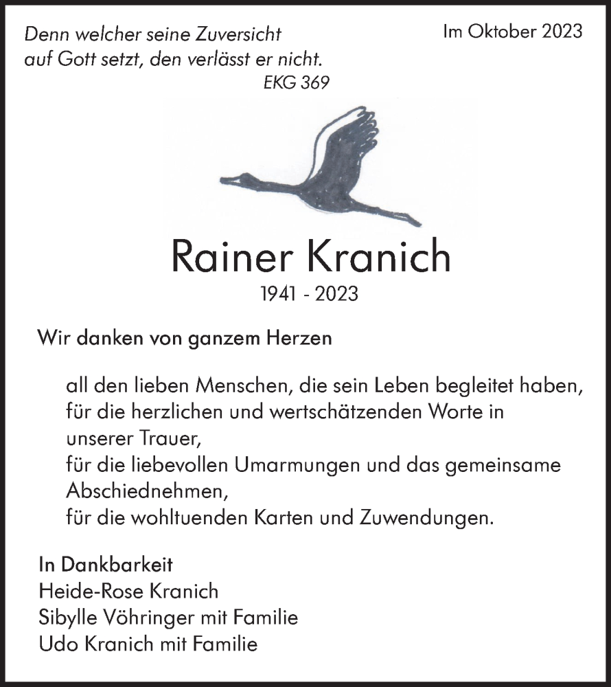  Traueranzeige für Rainer Kranich vom 07.10.2023 aus NWZ Neue Württembergische Zeitung