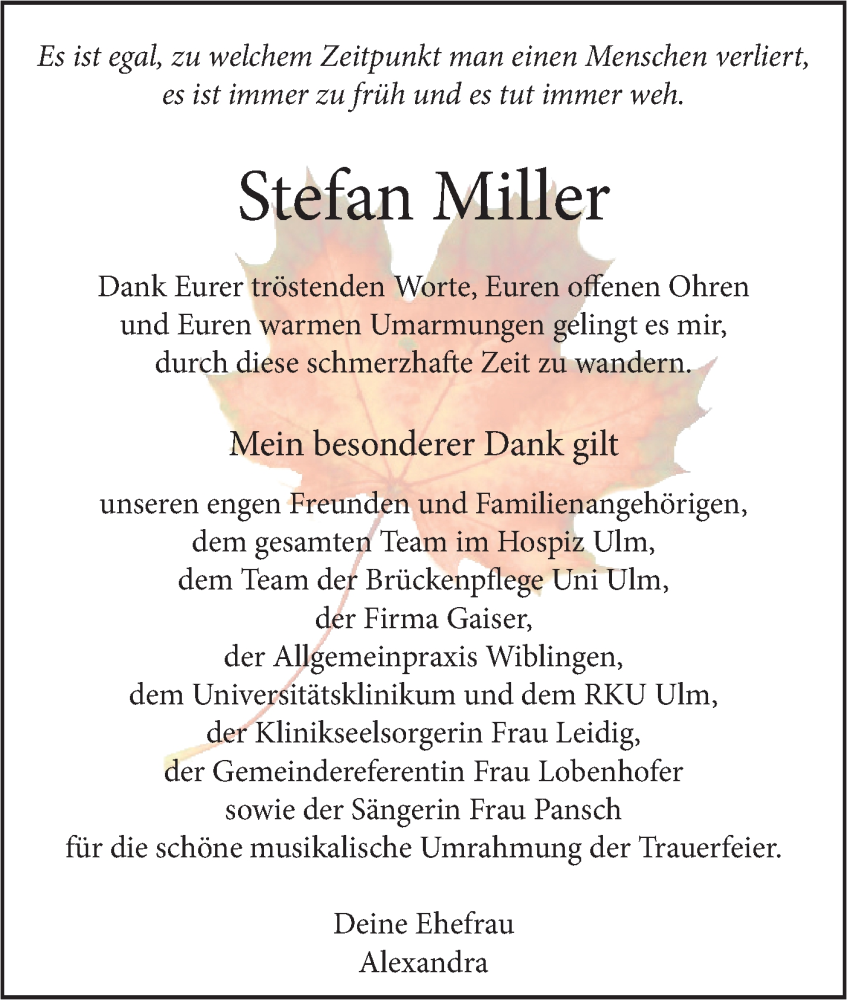  Traueranzeige für Stefan Miller vom 07.10.2023 aus SÜDWEST PRESSE Ausgabe Ulm/Neu-Ulm