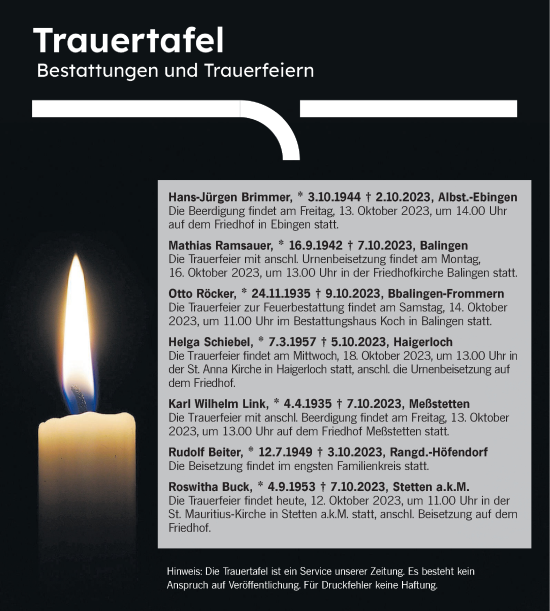 Traueranzeige von Totentafel vom 12.10.2023 von Hohenzollerische Zeitung