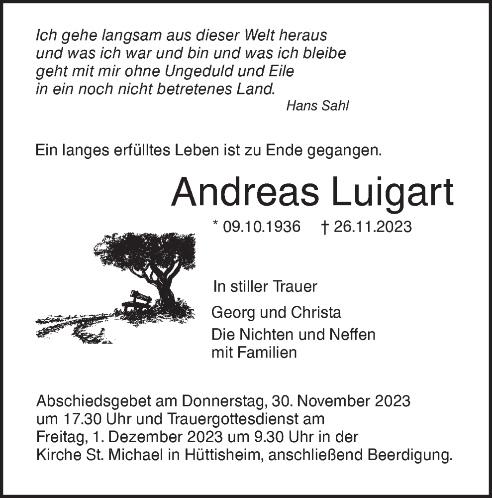  Traueranzeige für Andreas Luigart vom 29.11.2023 aus SÜDWEST PRESSE Ausgabe Ulm/Neu-Ulm