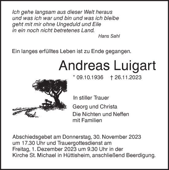 Traueranzeige von Andreas Luigart von SÜDWEST PRESSE Ausgabe Ulm/Neu-Ulm
