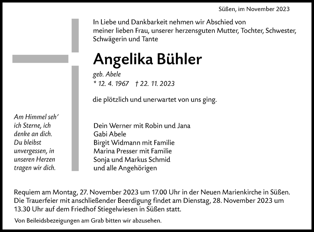  Traueranzeige für Angelika Bühler vom 25.11.2023 aus NWZ Neue Württembergische Zeitung