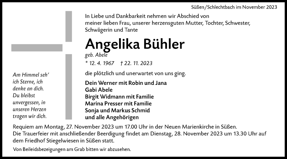  Traueranzeige für Angelika Bühler vom 25.11.2023 aus Rundschau Gaildorf