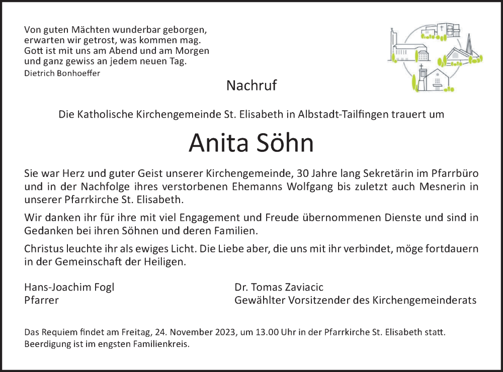  Traueranzeige für Anita Söhn vom 23.11.2023 aus SÜDWEST PRESSE