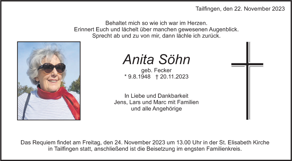  Traueranzeige für Anita Söhn vom 22.11.2023 aus Hohenzollerische Zeitung
