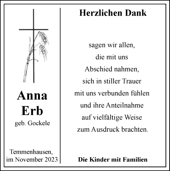Traueranzeige von Anna Erb von SÜDWEST PRESSE Ausgabe Ulm/Neu-Ulm