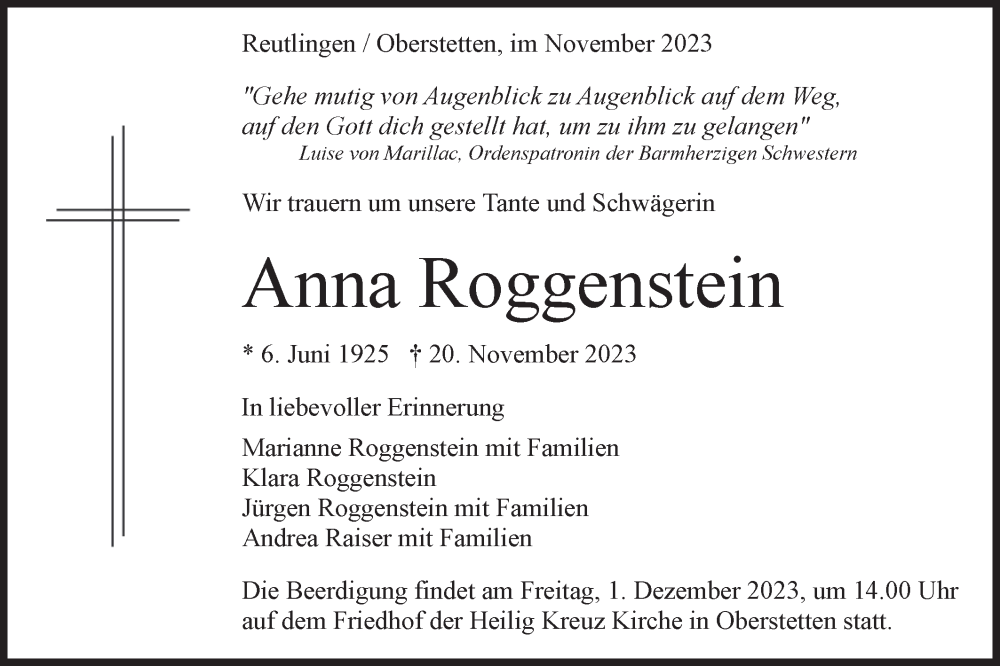  Traueranzeige für Anna Roggenstein vom 25.11.2023 aus Alb-Bote/Metzinger-Uracher Volksblatt