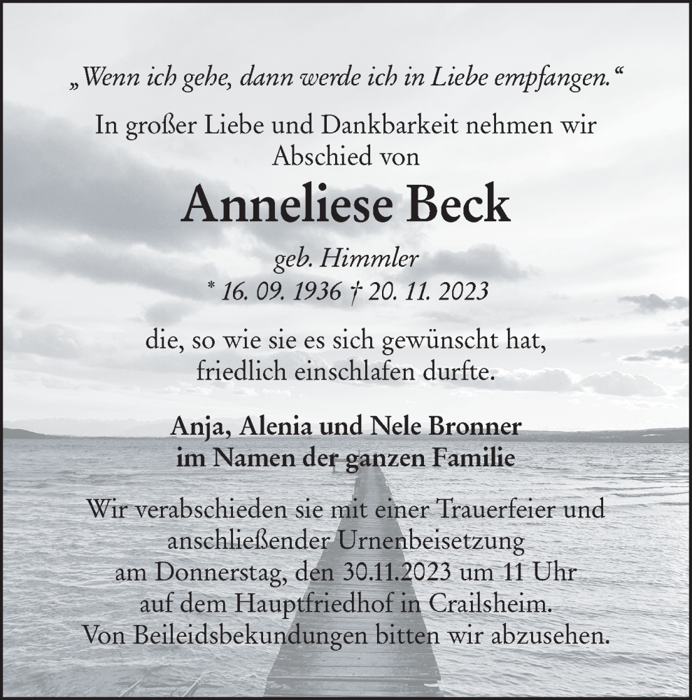  Traueranzeige für Anneliese Beck vom 27.11.2023 aus Hohenloher Tagblatt