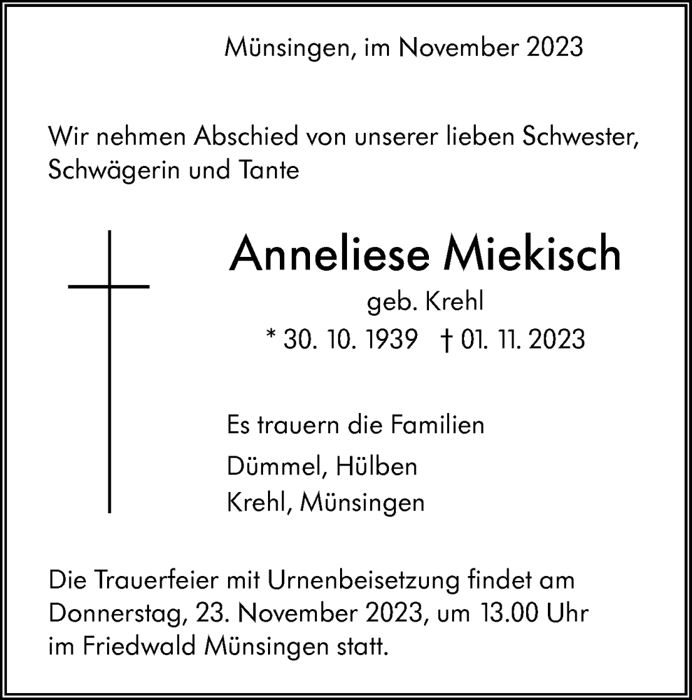  Traueranzeige für Anneliese Miekisch vom 21.11.2023 aus Alb-Bote/Metzinger-Uracher Volksblatt