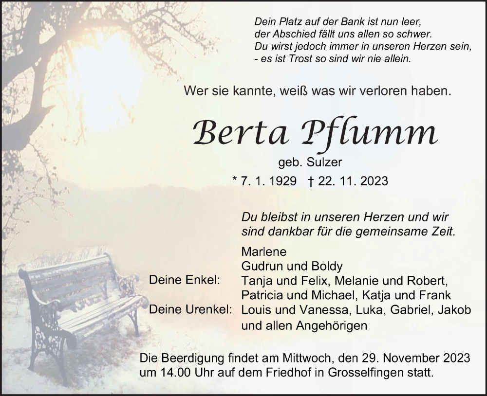  Traueranzeige für Berta Pflumm vom 25.11.2023 aus Hohenzollerische Zeitung