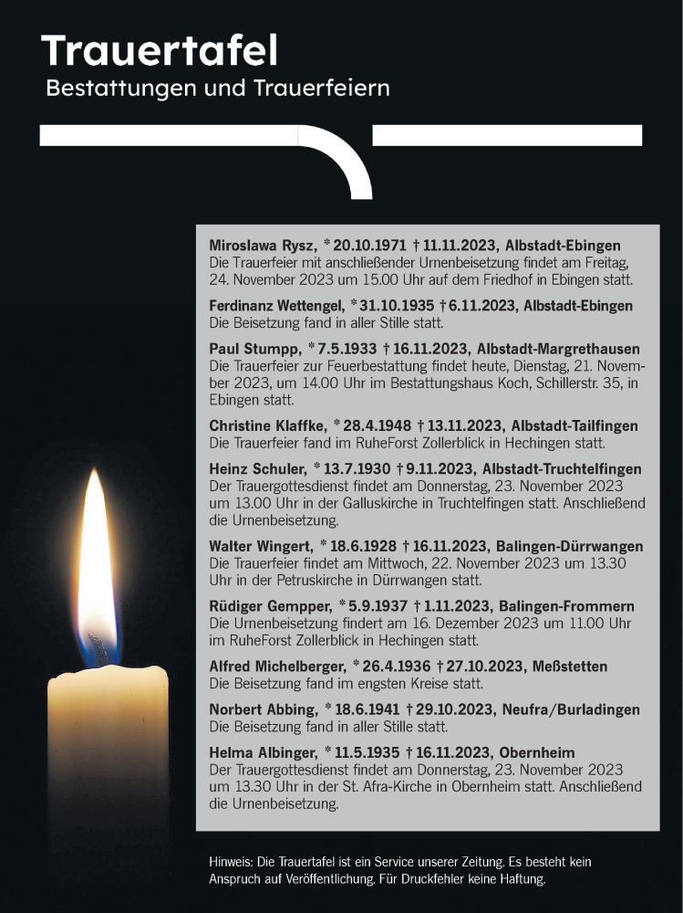  Traueranzeige für Bestattungen vom 21.11.2023 vom 21.11.2023 aus Hohenzollerische Zeitung