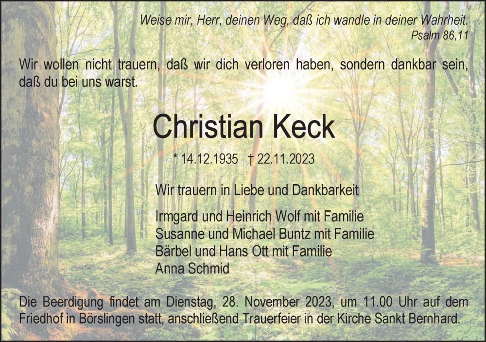  Traueranzeige für Christian Keck vom 25.11.2023 aus SÜDWEST PRESSE Ausgabe Ulm/Neu-Ulm