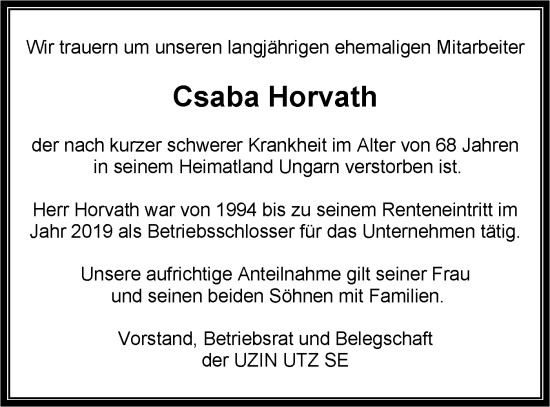 Traueranzeige von Csaba Horvath von SÜDWEST PRESSE Ausgabe Ulm/Neu-Ulm