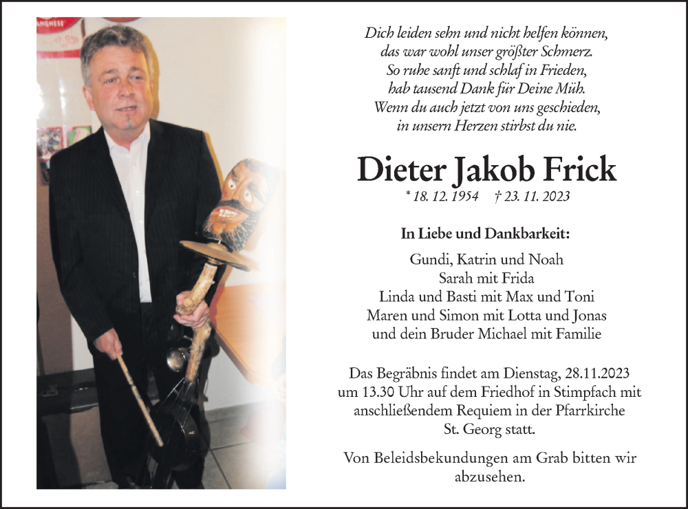  Traueranzeige für Dieter Jakob Frick vom 25.11.2023 aus Hohenloher Tagblatt