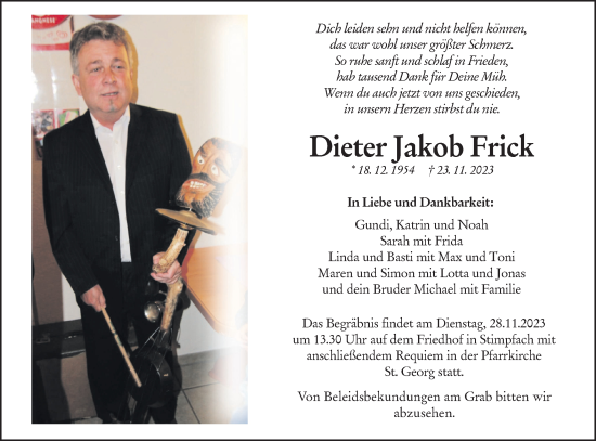 Traueranzeige von Dieter Jakob Frick von Hohenloher Tagblatt