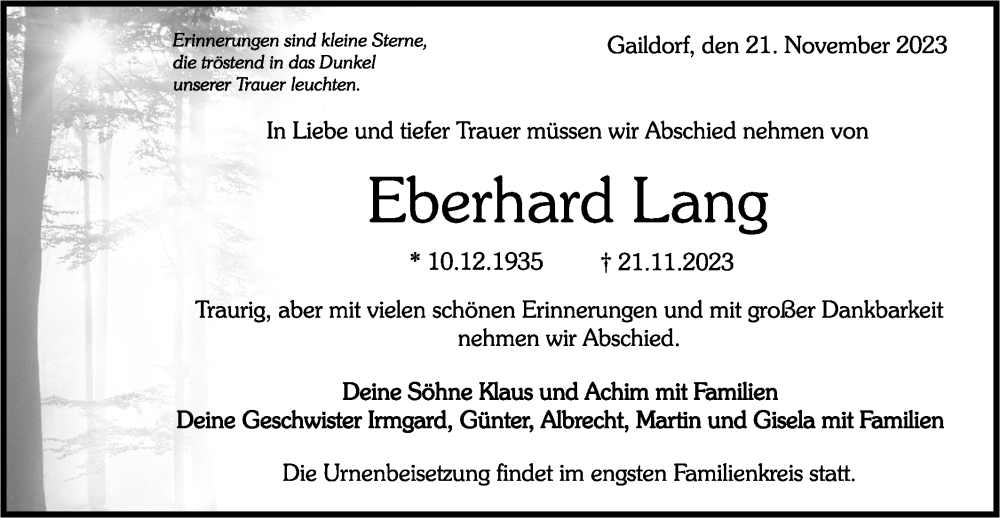  Traueranzeige für Eberhard Lang vom 25.11.2023 aus Rundschau Gaildorf