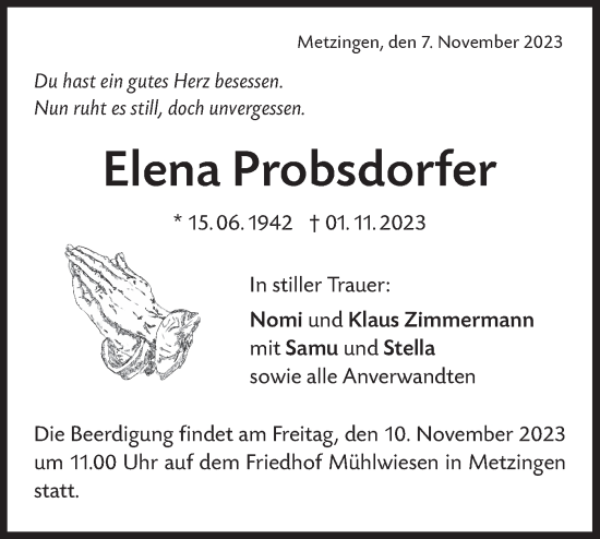 Traueranzeige von Elena Probsdorfer von SÜDWEST PRESSE/SÜDWEST PRESSE