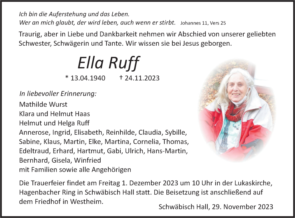  Traueranzeige für Ella Ruff vom 29.11.2023 aus Haller Tagblatt