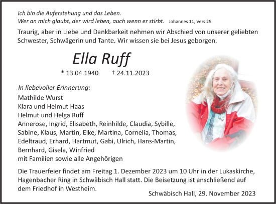 Traueranzeige von Ella Ruff von Haller Tagblatt