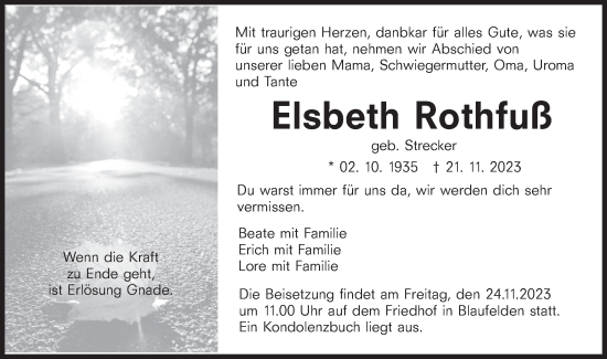 Traueranzeige von Elsbeth Rothfuß von Hohenloher Tagblatt