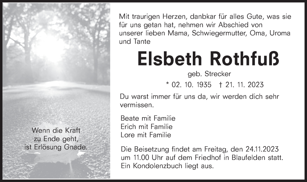  Traueranzeige für Elsbeth Rothfuß vom 23.11.2023 aus Hohenloher Tagblatt