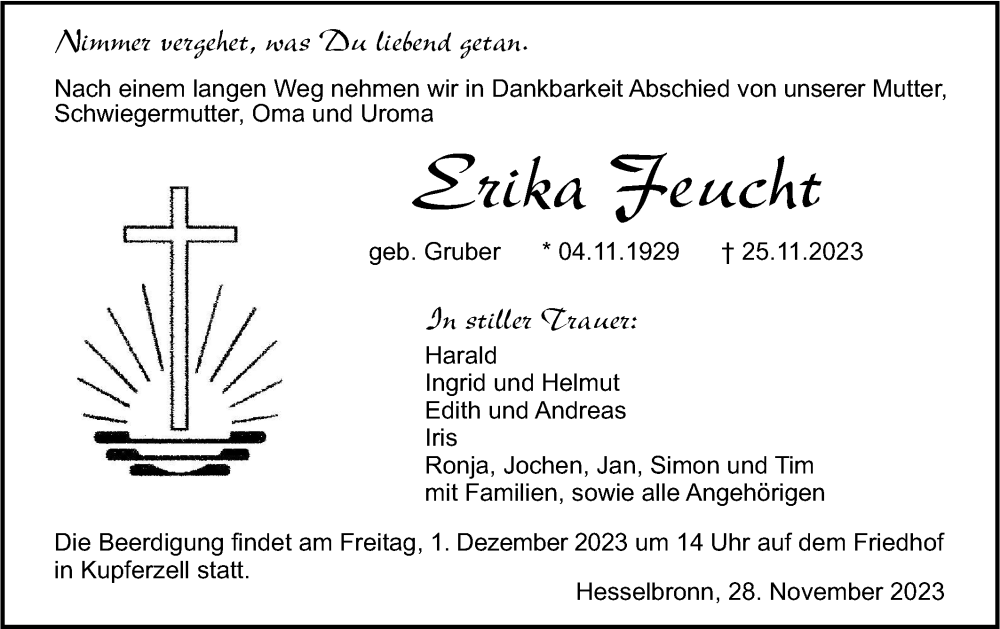  Traueranzeige für Erika Feucht vom 28.11.2023 aus Haller Tagblatt