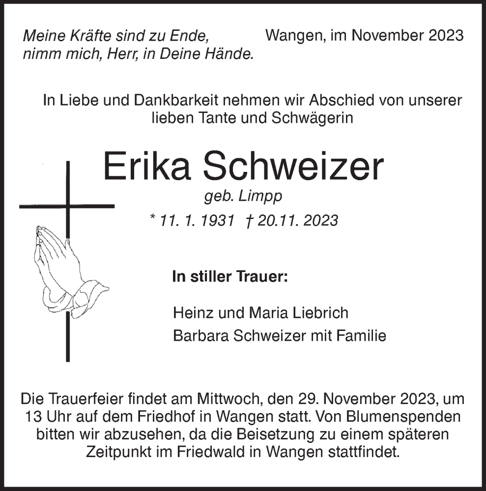  Traueranzeige für Erika Schweizer vom 25.11.2023 aus NWZ Neue Württembergische Zeitung
