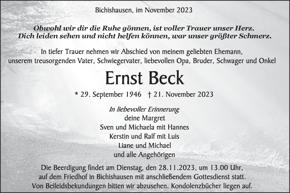  Traueranzeige für Ernst Beck vom 24.11.2023 aus Alb-Bote/Metzinger-Uracher Volksblatt