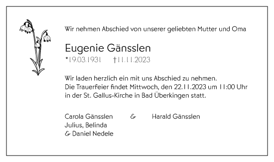 Traueranzeige von Eugenie Gänsslen von Geislinger Zeitung