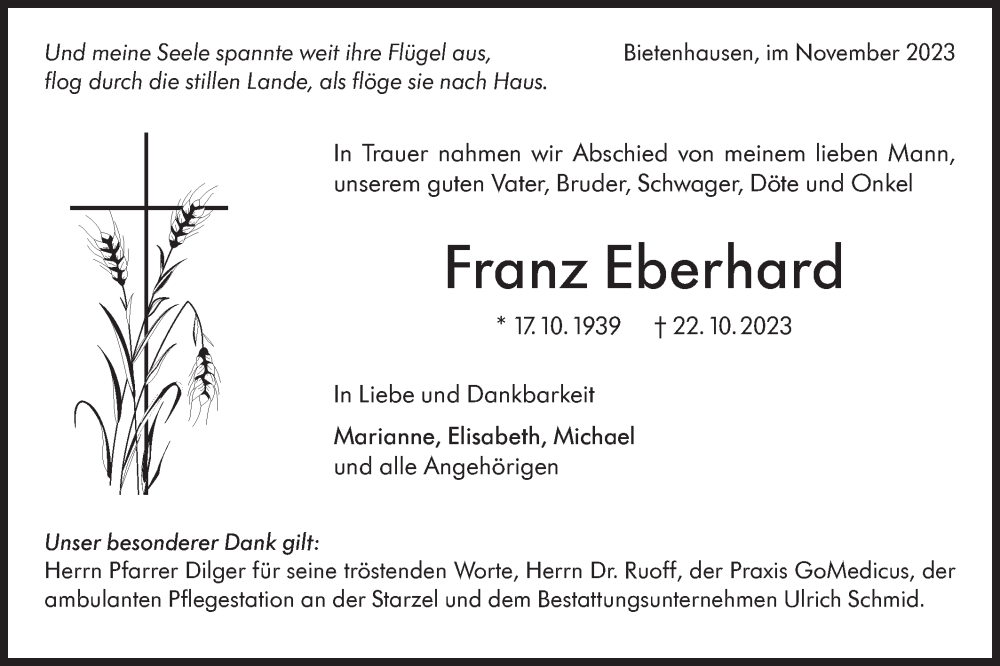  Traueranzeige für Franz Eberhard vom 21.11.2023 aus Hohenzollerische Zeitung