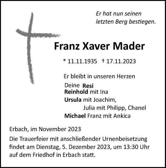Traueranzeige von Franz Xaver Mader von SÜDWEST PRESSE Ausgabe Ulm/Neu-Ulm