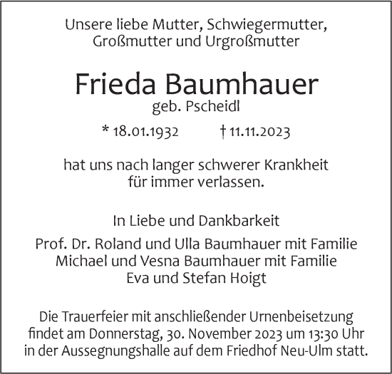 Traueranzeige von Frieda Baumhauer von SÜDWEST PRESSE Ausgabe Ulm/Neu-Ulm
