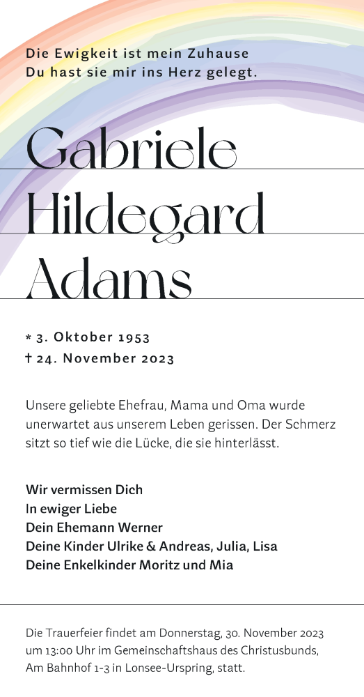  Traueranzeige für Gabriele Hildegard Adams vom 28.11.2023 aus Hohenloher Tagblatt