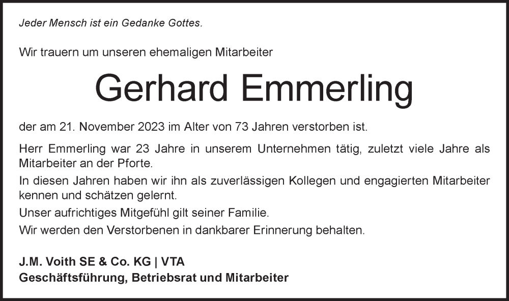  Traueranzeige für Gerhard Emmerling vom 25.11.2023 aus Hohenloher Tagblatt