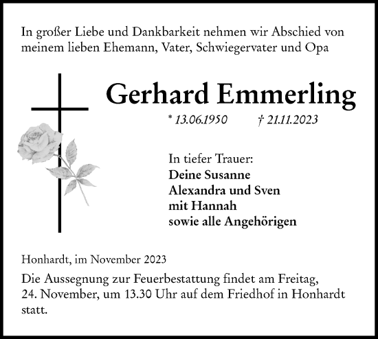 Traueranzeige von Gerhard Emmerling von Hohenloher Tagblatt