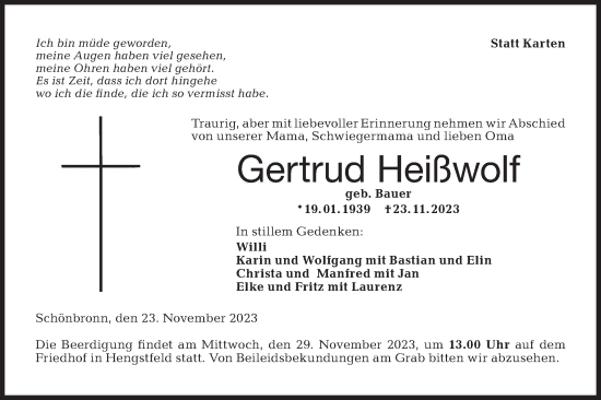 Traueranzeige von Gertrud Heißwolf von Hohenloher Tagblatt