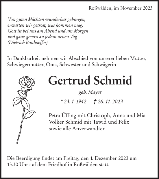 Traueranzeige von Gertrud Schmid von NWZ Neue Württembergische Zeitung