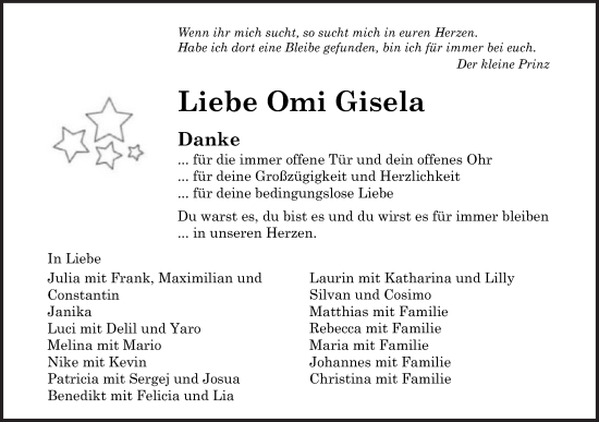 Traueranzeige von Gisela Gottschall von Hohenloher Tagblatt