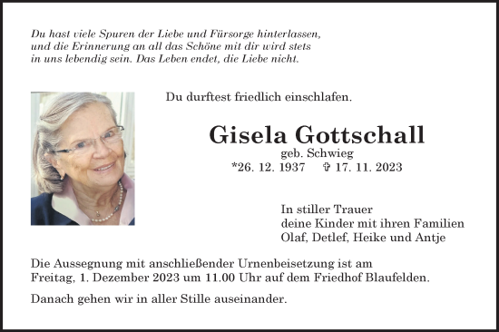 Traueranzeige von Gisela Gottschall von Hohenloher Tagblatt